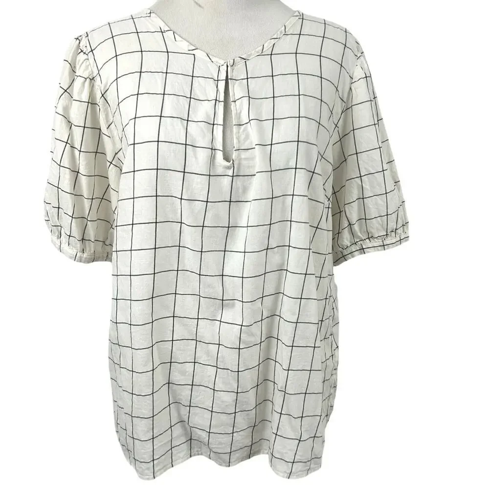 Old Navy Windowpane Grid Blouse Ivory Black Puff Sleeve Keyhole Top M